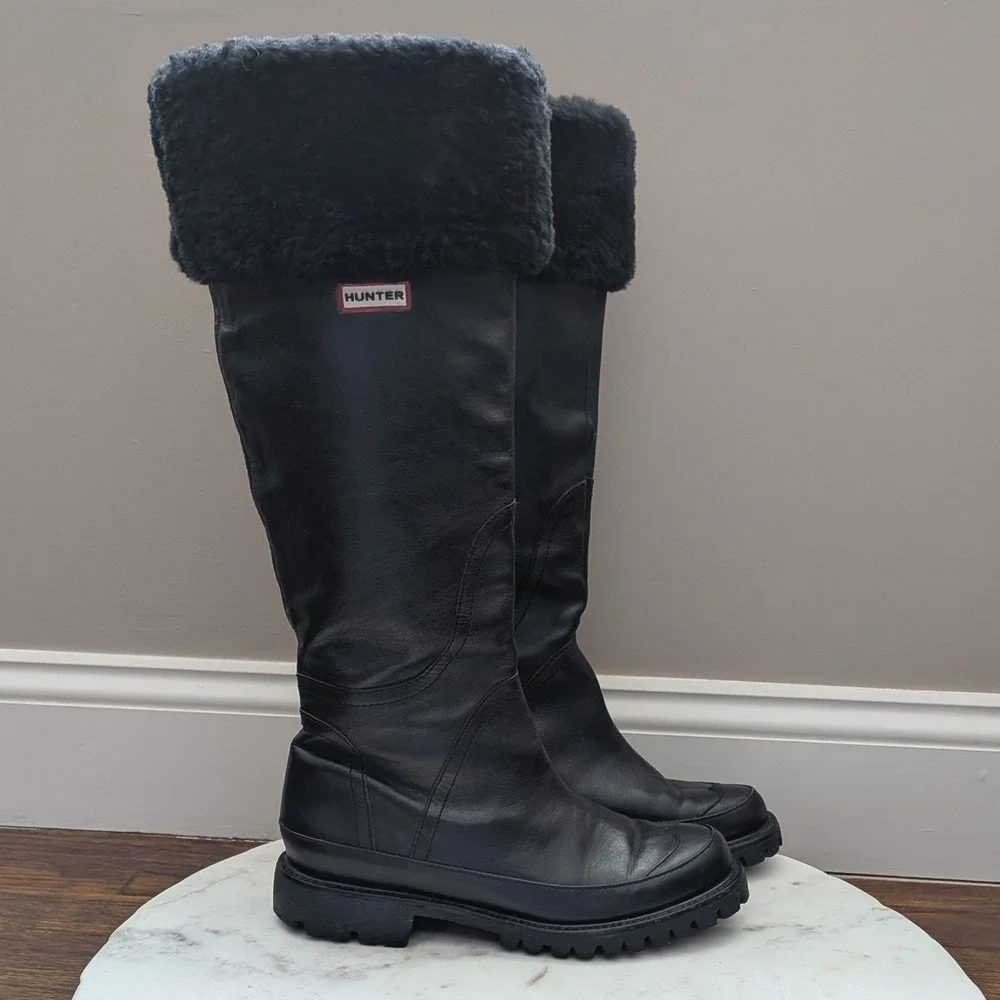 Hunter Steamboat Womens Sz 7 Black Leather Tall Boots Sheepskin Lined Waterproof